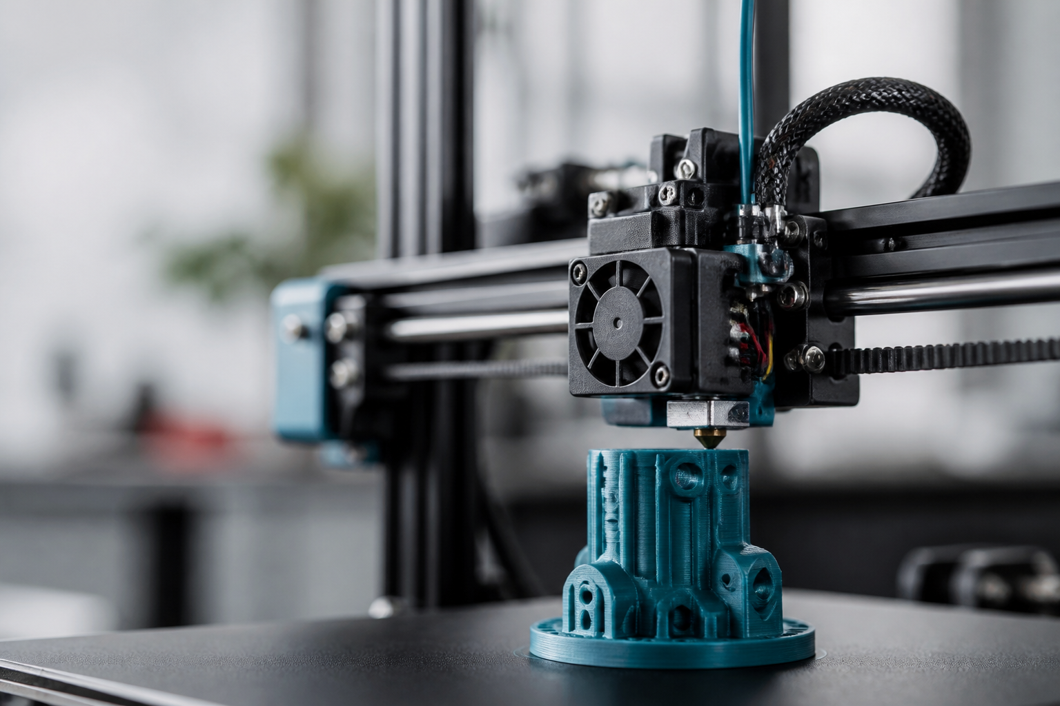 Close-up of a 3D printer print head producing a technical component